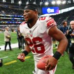 Saquon Barkley celebra luego de la victoria que consiguieron los Giants ante Packers en Londres.