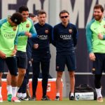 Luis Suárez en un entrenamiento del FC Barcelona junto a Luis Enrique, Lionel Messi y Neymar Jr.