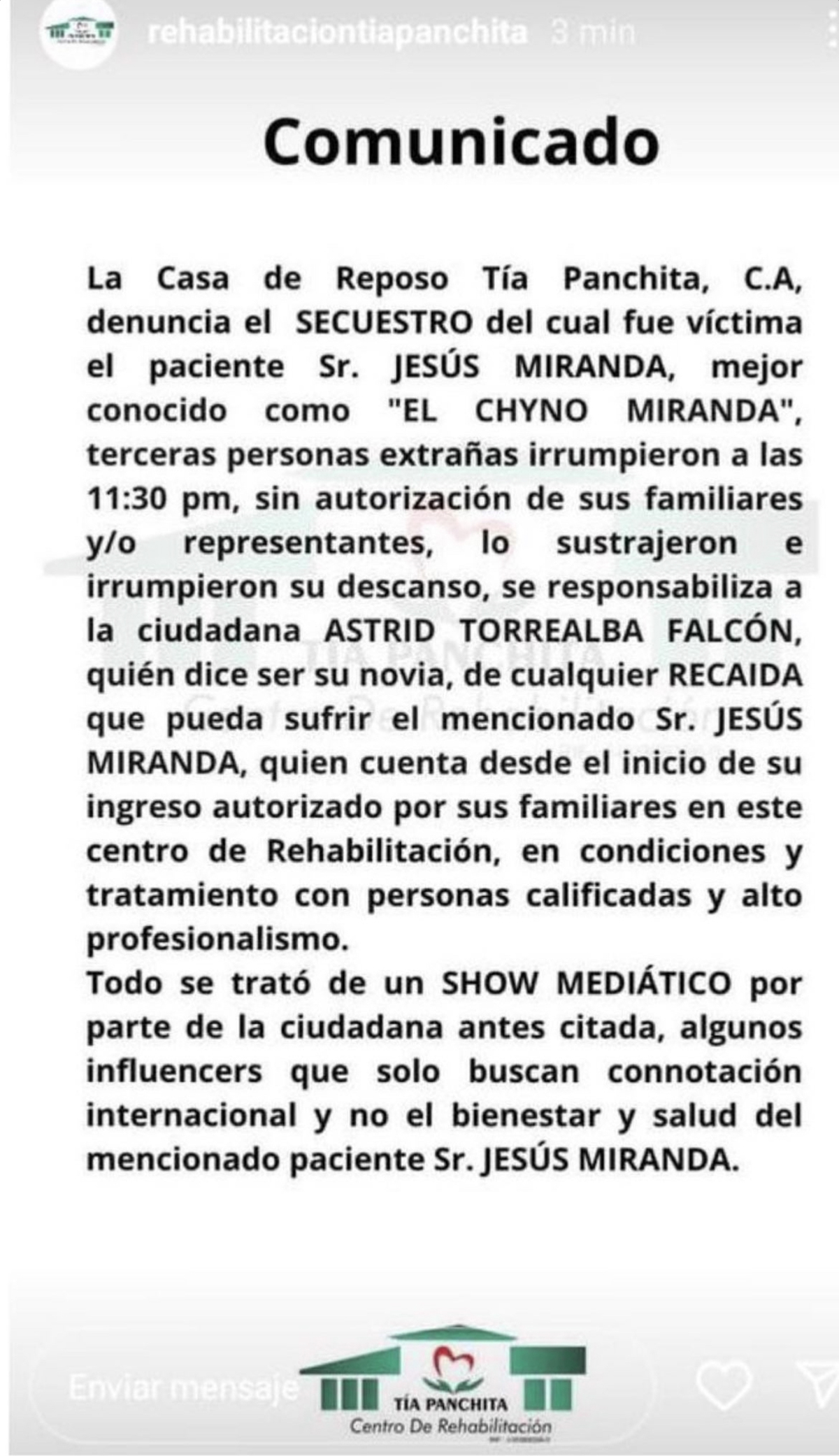 El comunicado de la clínica Tía Panchita acusando a las autoridades del secuestro de Chyno Miranda.